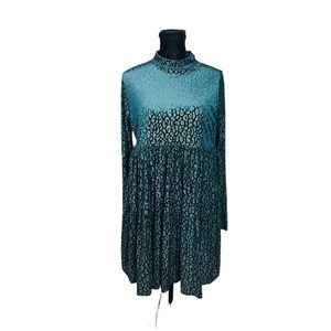 3602 Women's Emerald Green Velvet Dress Long Sleeve Animal Print Medium